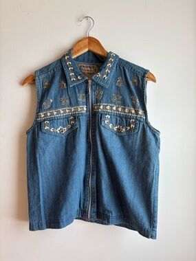 Embroidered Denim Zip Front Vest